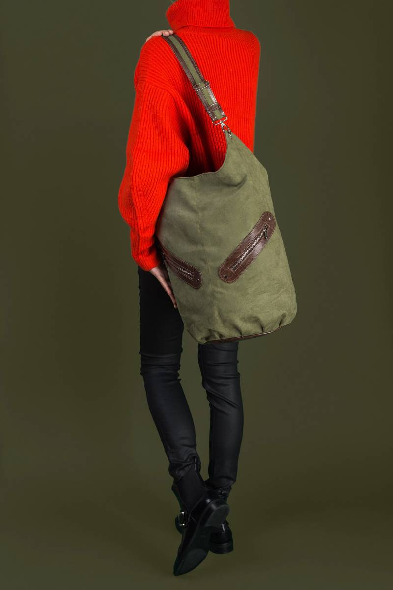 Extra Großer Beutelsack Aus Grünem Ökowildleder Und Dunkelbraunem Kunstleder, Schultasche, Wochenendtasch Umhängetasche, Crossbody-Damentasche von IncatDesigns