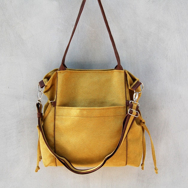 Große Schultertasche Aus Gelbem Stoff Und Braunemkunstleder, Taschemit Abnehmbarem Gurt, Schultasche, Damenhandtasche, Citytasche, Arbeitstasche von IncatDesigns