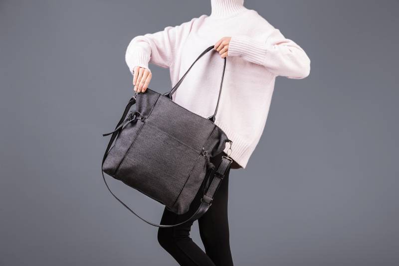 Große Tasche Aus Graphitgewebe Und Schwarzem Kunstleder Mit Einem Langen Abnehmbaren Riemen, Schultertasche Damenhandtasche, Stadttasche von IncatDesigns