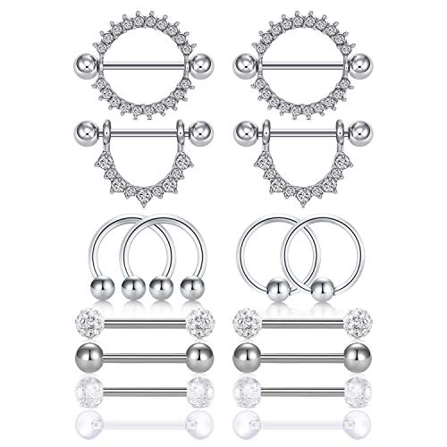 Incaton 1.6mm Nippelpiercing 14G Brustwarzenpiercing 8 Paar Nipple Piercing Chirurgenstahl Nippelschmuck für Frauen Silber Rosegold Schwarz von Incaton