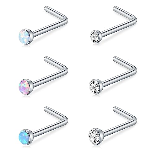 Incaton 6 Stk Nasenpiercing 20G 0.8mm Nasenstecker L Nasen Piercing Edelstahl Opal CZ Nasenschmuck für Männer Frauen von Incaton