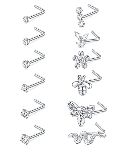 Incaton Nasenpiercing 18G Nasenring Nasenstecker Edelstahl Piercing Nase Piercing Schmuck für Damen Herren CZ Libelle Biene Schlange Blume von Incaton