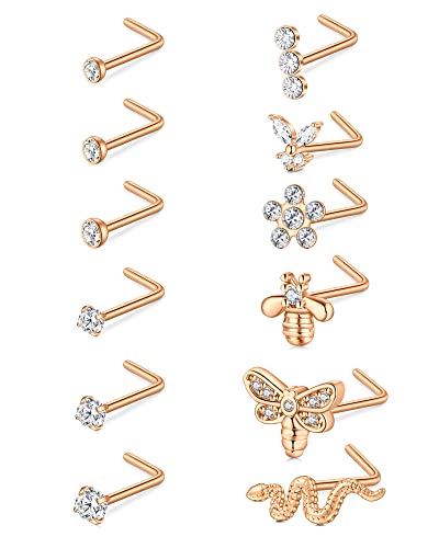 Incaton Nasenstecker 18G Nasenpiercing Edelstahl Nasenring Piercing Nase Piercing Schmuck für Damen Herren CZ Libelle Biene Schlange Blume von Incaton