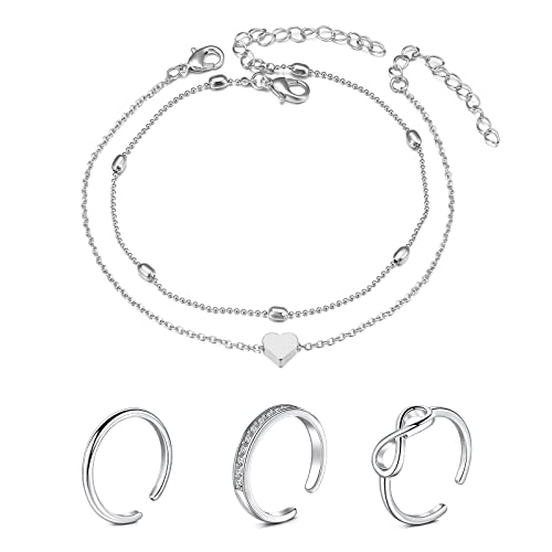 Incaton Offene Zehenringe Fußkettchen Set Fingerring Gelenkring 4 Stück Strand Fußring Schmuck Set Silber von Incaton