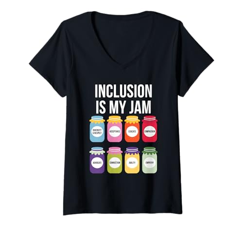 Damen Inclusion is My Jam – Retro Marmeladengläser-Symbole T-Shirt mit V-Ausschnitt Damen Inclusion is My Jam – Retro Marmeladengläser-Symbole T-Shirt mit V-Ausschnitt von Inclusion First Day of School Vibes