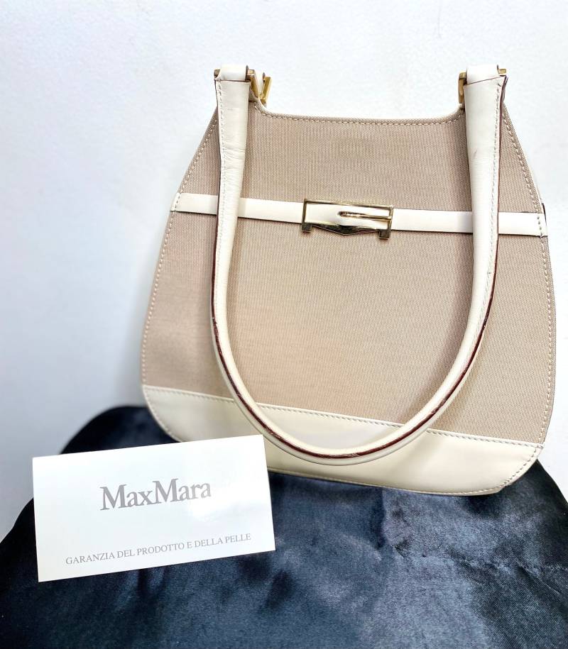 Max Mara Designer Handtasche, Taupe Leinen & Weiße Leder Handtasche Mit Coa von IncogneetoVintage
