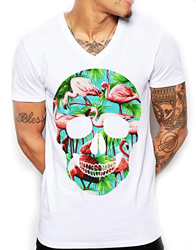 Herren-T Shirt, Flamingo, Totenkopf, V-Ausschnitt, jugendlich Gr. Medium, weiß von Inct