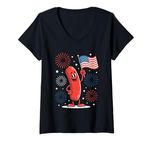 Damen Patriotische Kawaii Wurst Unabhängigkeitstag 4. Juli Feinschmecker T-Shirt mit V-Ausschnitt Damen Patriotische Kawaii Wurst Unabhängigkeitstag 4. Juli Feinschmecker T-Shirt mit V-Ausschnitt von Independence Day 4th of July Foodie