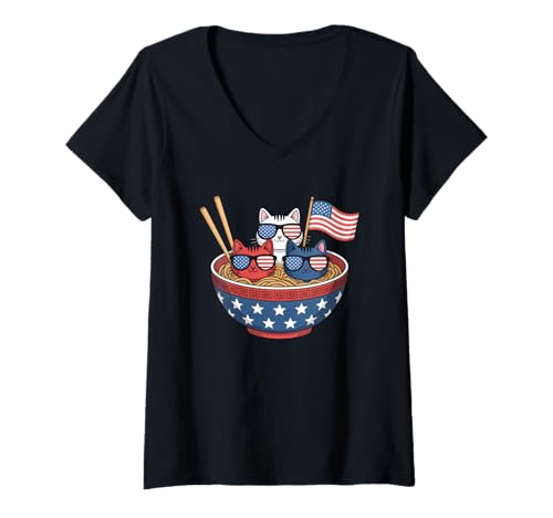 Damen Ramen Cat Noodles Cute Independence Day 4. Juli Foodie T-Shirt mit V-Ausschnitt Damen Ramen Cat Noodles Cute Independence Day 4. Juli Foodie T-Shirt mit V-Ausschnitt von Independence Day 4th of July Foodie