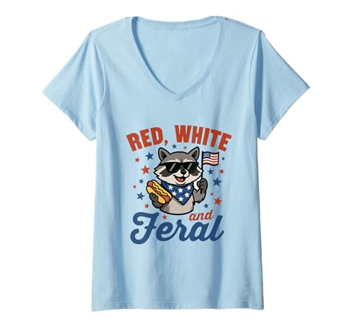 Damen Red White and Feral Funny American USA Raccoon 4. Juli T-Shirt mit V-Ausschnitt Damen Red White and Feral Funny American USA Raccoon 4. Juli T-Shirt mit V-Ausschnitt von Independence Day Red White and Blue US Holiday