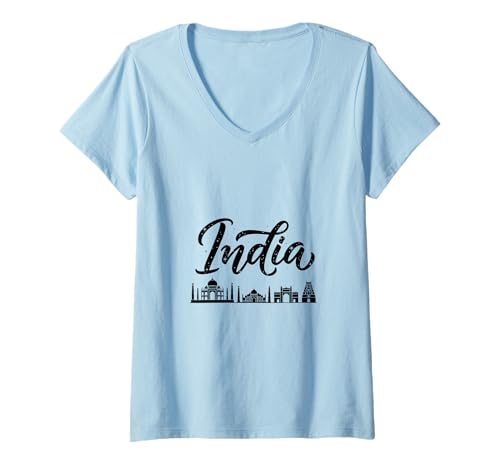 Damen Outfits für Reisen mit der Skyline von Indien T-Shirt mit V-Ausschnitt Damen Outfits für Reisen mit der Skyline von Indien T-Shirt mit V-Ausschnitt von India Casual Clothes T-Shirts