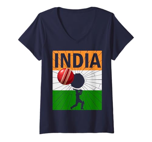 Damen Indien-Cricket mit indischer Flagge, Pinselstrich, Ashoka-Chakra T-Shirt mit V-Ausschnitt Damen Indien-Cricket mit indischer Flagge, Pinselstrich, Ashoka-Chakra T-Shirt mit V-Ausschnitt von India Cricket Pride