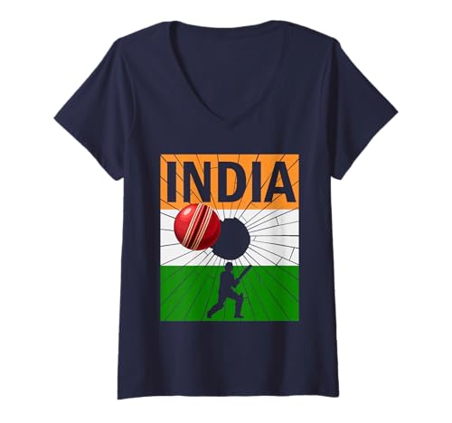 Damen Indien-Cricket mit indischer Flagge, Pinselstrich, Ashoka-Chakra T-Shirt mit V-Ausschnitt von India Cricket Pride