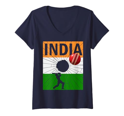 Damen Indien-Cricket mit indischer Flagge, Pinselstrich, Ashoka-Chakra T-Shirt mit V-Ausschnitt Damen Indien-Cricket mit indischer Flagge, Pinselstrich, Ashoka-Chakra T-Shirt mit V-Ausschnitt von India Cricket Pride