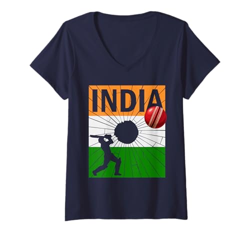 Damen Indien-Cricket mit indischer Flagge, Pinselstrich, Ashoka-Chakra T-Shirt mit V-Ausschnitt von India Cricket Pride