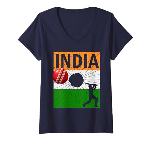 Damen Indien-Cricket mit indischer Flagge, Pinselstrich, Ashoka-Chakra T-Shirt mit V-Ausschnitt Damen Indien-Cricket mit indischer Flagge, Pinselstrich, Ashoka-Chakra T-Shirt mit V-Ausschnitt von India Cricket Pride