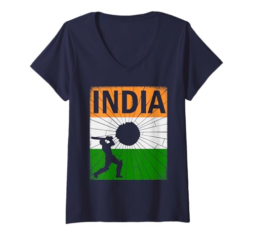 Damen Indien-Cricket mit indischer Flagge, Pinselstrich, Ashoka-Chakra T-Shirt mit V-Ausschnitt von India Cricket Pride
