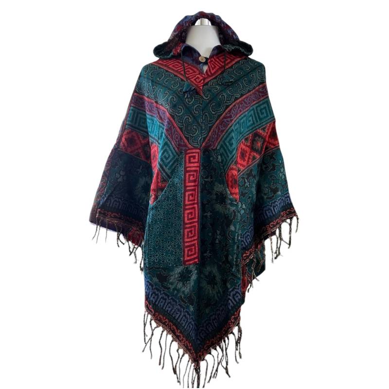 Boho Poncho Mit Kapuze Fleece Wolle Umhang Cape Ethno Himalaya Fransen Mittelaltermarkt Rave Festival Cozy Stola Unikat Handmade Unisex von IndiaTownShop