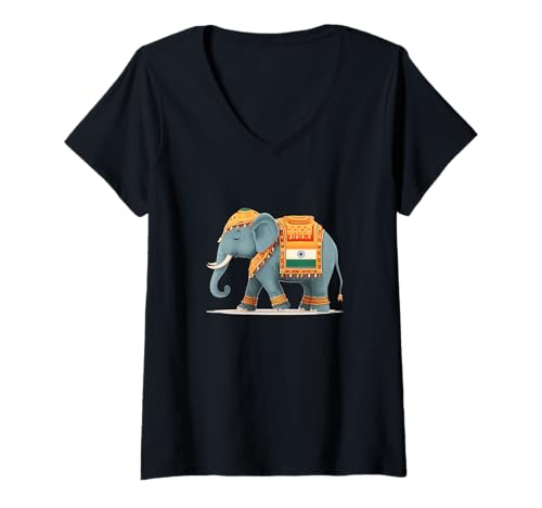 Damen Entspannter Elefant in indischen Farben Kostüm T-Shirt mit V-Ausschnitt Damen Entspannter Elefant in indischen Farben Kostüm T-Shirt mit V-Ausschnitt von Indian Elephant Outfit