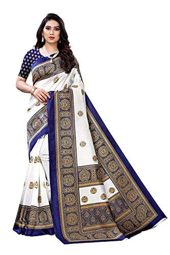 Indian Hawker Damen Art Silk Sari Printed Fashion Saree with Unstitched Bluse Piece, marineblau, 42 von Indian Hawker