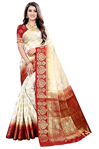 Indian Hawker Damen Banarasi Art Silk Sari Saree Work Jacquard Fashion Saree mit ungenähtem Blusenstück, gebrochenes weiß, Large von Indian Hawker