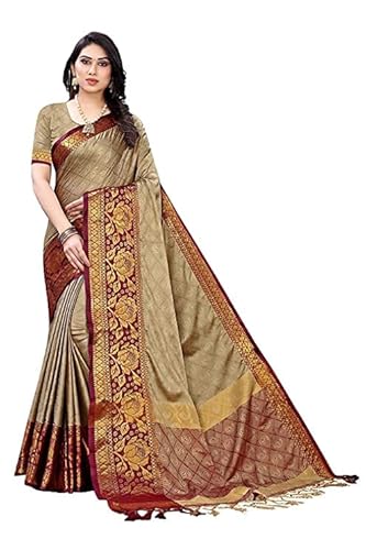 Indian Hawker Banarasi Damen Blume Nylon Seide Fashion Style Woven Saree with Unstitched Bluse Piece, Beige, Large von Indian Hawker