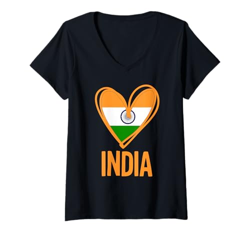 Damen Patriotische Indien Cute Heart Graphic Indian Flag Girls Kids T-Shirt mit V-Ausschnitt Damen Patriotische Indien Cute Heart Graphic Indian Flag Girls Kids T-Shirt mit V-Ausschnitt von Indian India Flag Designs