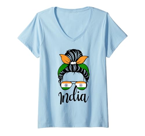 Damen Patriotisches Indien, niedliches unordentliches Dutt, indische Flagge, Mädchen, Kinder, Mutter T-Shirt mit V-Ausschnitt Damen Patriotisches Indien, niedliches unordentliches Dutt, indische Flagge, Mädchen, Kinder, Mutter T-Shirt mit V-Ausschnitt von Indian India Flag Designs