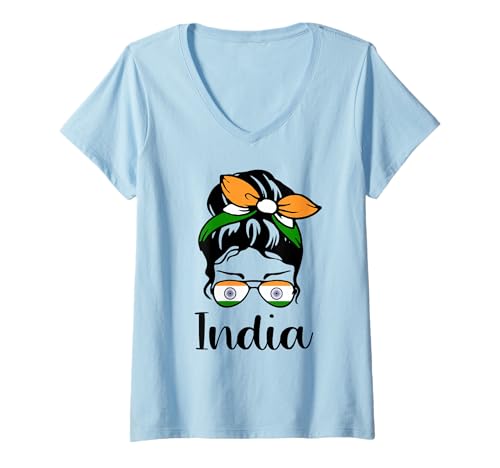 Damen Patriotisches Indien, niedliches unordentliches Dutt, indische Flagge, Mädchen, Kinder T-Shirt mit V-Ausschnitt von Indian India Flag Designs