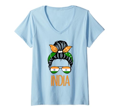 Damen Patriotisches Indien Messy Bun Indische Flagge Mädchen Kinder Mama T-Shirt mit V-Ausschnitt Damen Patriotisches Indien Messy Bun Indische Flagge Mädchen Kinder Mama T-Shirt mit V-Ausschnitt von Indian India Flag Designs