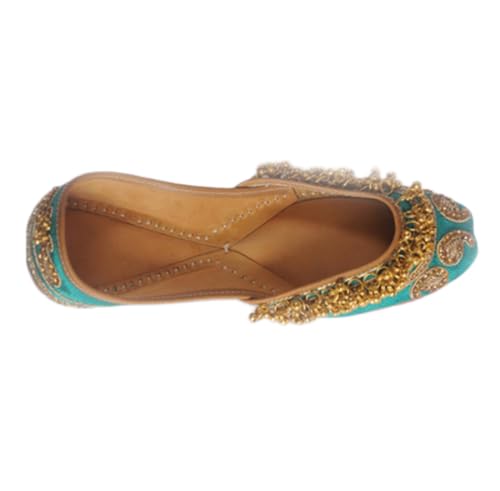 Indian Marketplace Traditionelle Leder-Juttis, blaue und goldene Perlen, Schwarz und gold, 36 EU von Indian Marketplace