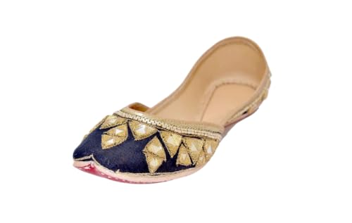 Traditionelle indische Juttis für Damen, Marineblau mit goldenen Verzierungen, Schwarz und gold, 38.5 EU von Indian Marketplace
