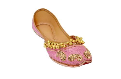 Traditionelle indische handgefertigte Damen-Juttis, rosa mit goldfarbenen Verzierungen, Schwarz und gold, 36 EU von Indian Marketplace