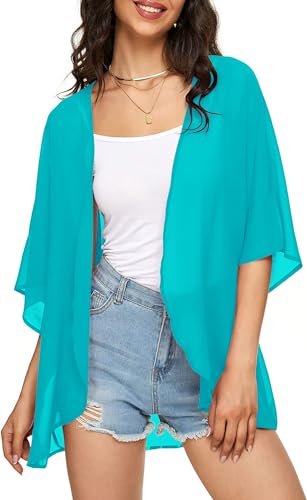 Indian Trendy Damen Solide Puffärmel Kimono Cardigan Lose Cover Up Casual Bluse Top Chiffon, Türkis, Blau, X-Groß von Indian Trendy