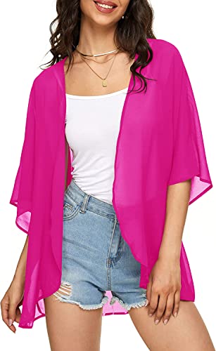 Indian Trendy Damen Solide Puffärmel Kimono Cardigan Lose Cover Up Casual Bluse Top Chiffon, Magenta, XX-Large von Indian Trendy