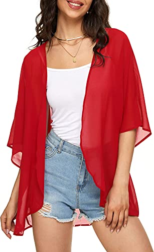 Indian Trendy Damen Solide Puffärmel Kimono Cardigan Lose Cover Up Casual Bluse Top Chiffon, Rot/Ausflug, einfarbig (Getaway Solids), 3X-Groß von Indian Trendy