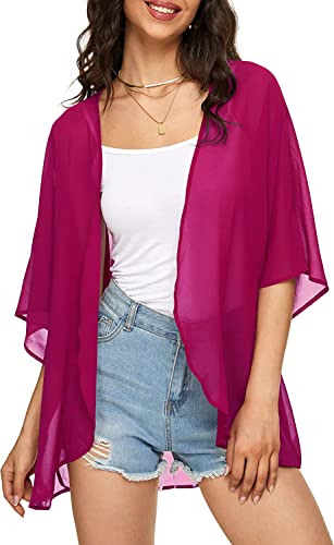 Indian Trendy Damen Solide Puffärmel Kimono Cardigan Lose Cover Up Casual Bluse Top Chiffon, Violettrot, 3X-Groß von Indian Trendy