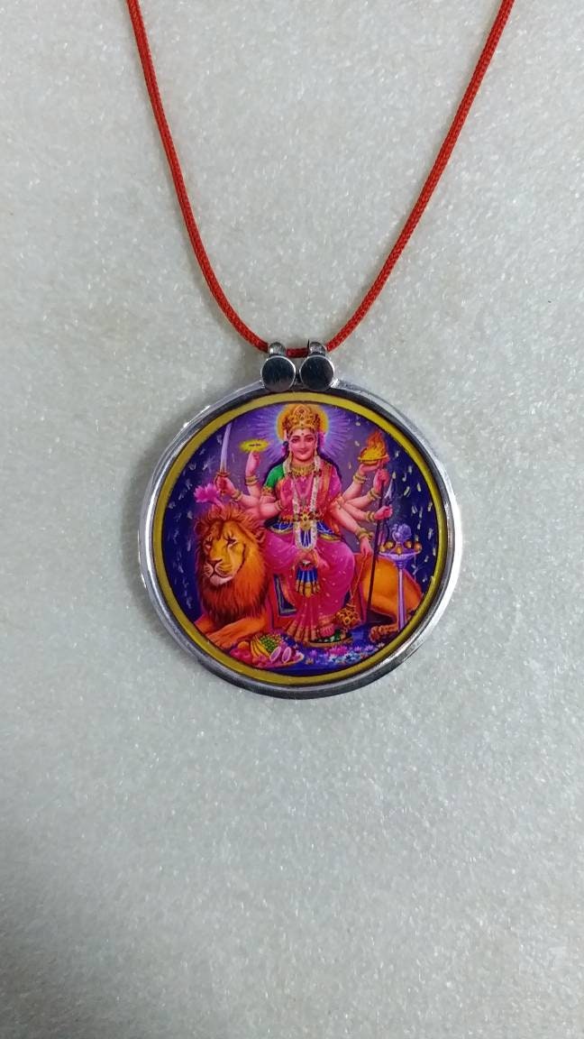 Handgemachte 92, 5 Sterling Silber Hindu Göttin Durga Mata Religiöse Fotodruck Glas Eingerahmt Anhänger Freie Mala Gottheit Einzigartige Halskette von IndianArtJwellery