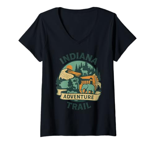 Damen Indiana Adventure Trail Shirt Zoo Wildlife Park Sonnenuntergang T-Shirt mit V-Ausschnitt Damen Indiana Adventure Trail Shirt Zoo Wildlife Park Sonnenuntergang T-Shirt mit V-Ausschnitt von Indiana Adventure Trail Tee Shirts for Nature