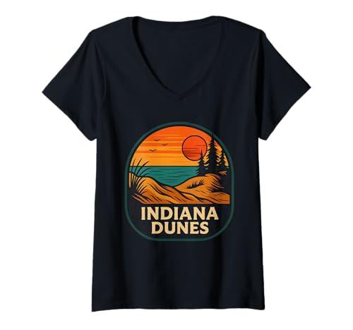 Damen Indiana Dunes Shirt Colorful Beach Lake Michigan Landschaft T-Shirt mit V-Ausschnitt Damen Indiana Dunes Shirt Colorful Beach Lake Michigan Landschaft T-Shirt mit V-Ausschnitt von Indiana Dunes Tee Shirts for Sunset Lovers