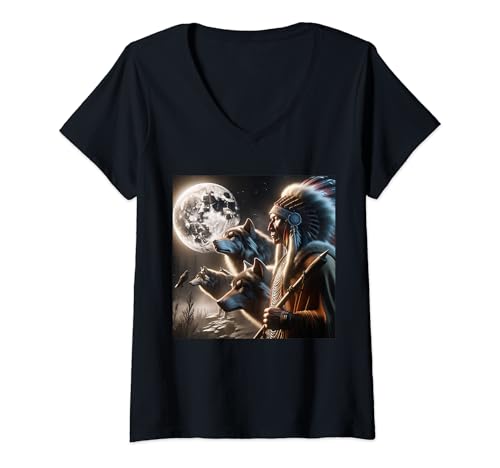 Damen Indianer mit Wolf T-Shirt mit V-Ausschnitt von Indianer Tiere Mond