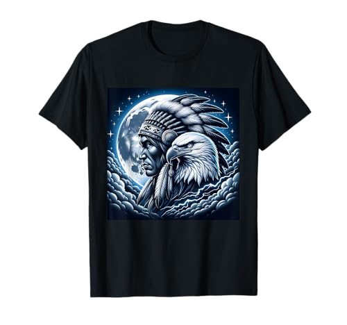 Indianer Tiere Mond Damen Indianer mit Wolf T-Shirt Schwarz S Crew-Ausschnitt Klassisch Halbarm Unisex-Erwachsene von Indianer Tiere Mond