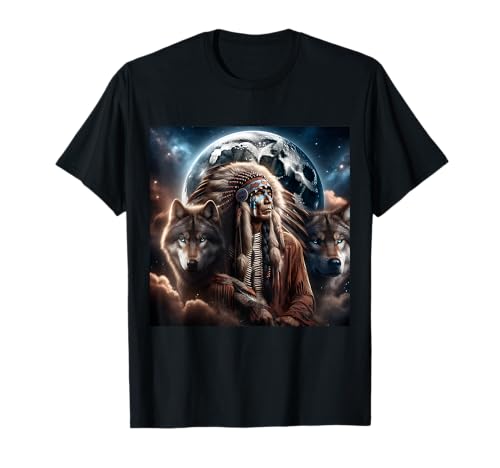 Indianer Tiere Mond Indianer mit Wolf T-Shirt Damen Schwarz S EU 38/40 von Indianer Tiere Mond
