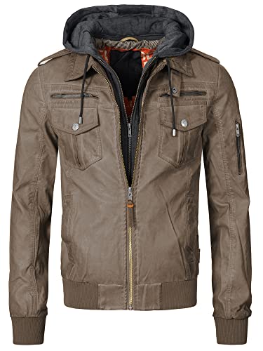 Indicode Herren Aaron Lederjacke mit abnehmbarer Kapuze | Kunstlederjacke Übergangsjacke Beige S von Indicode