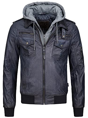 Indicode Herren Aaron Lederjacke mit abnehmbarer Kapuze | Kunstlederjacke Übergangsjacke Navy M von Indicode