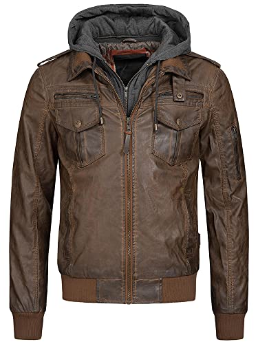 Indicode Herren Aaron Lederjacke mit abnehmbarer Kapuze | Kunstlederjacke Übergangsjacke DK Brown XL von Indicode