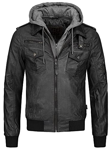 Indicode Herren Aaron Lederjacke mit abnehmbarer Kapuze | Kunstlederjacke Übergangsjacke Black S von Indicode