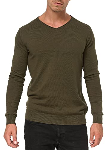 Indicode Herren Beam Strickpullover mit V-Ausschnitt aus 85% Baumwolle | Feinstrick-Pulli für Männer Army XL von Indicode
