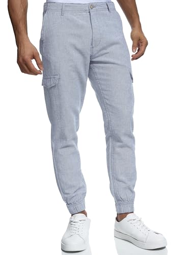 Indicode Herren Booth Cargohose aus Leinen & Baumwolle mit 6 Taschen | Stoffhose für Männer Blue Wave, L von Indicode