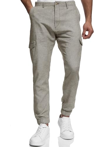 Indicode Herren Booth Cargohose aus Leinen & Baumwolle mit 6 Taschen | Stoffhose für Männer Dark Olive, L von Indicode